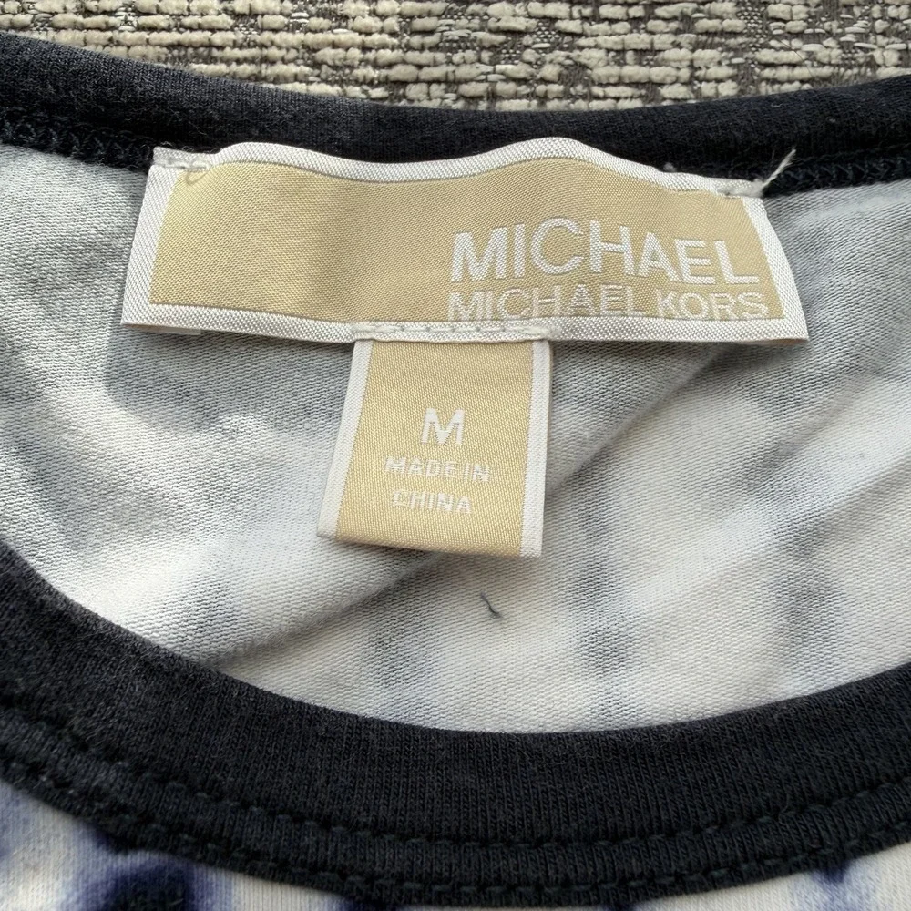 Michael Kors Women's Medium Tie Dye Top Cotton Ruched Gold Zip Stretch Shirt Tee